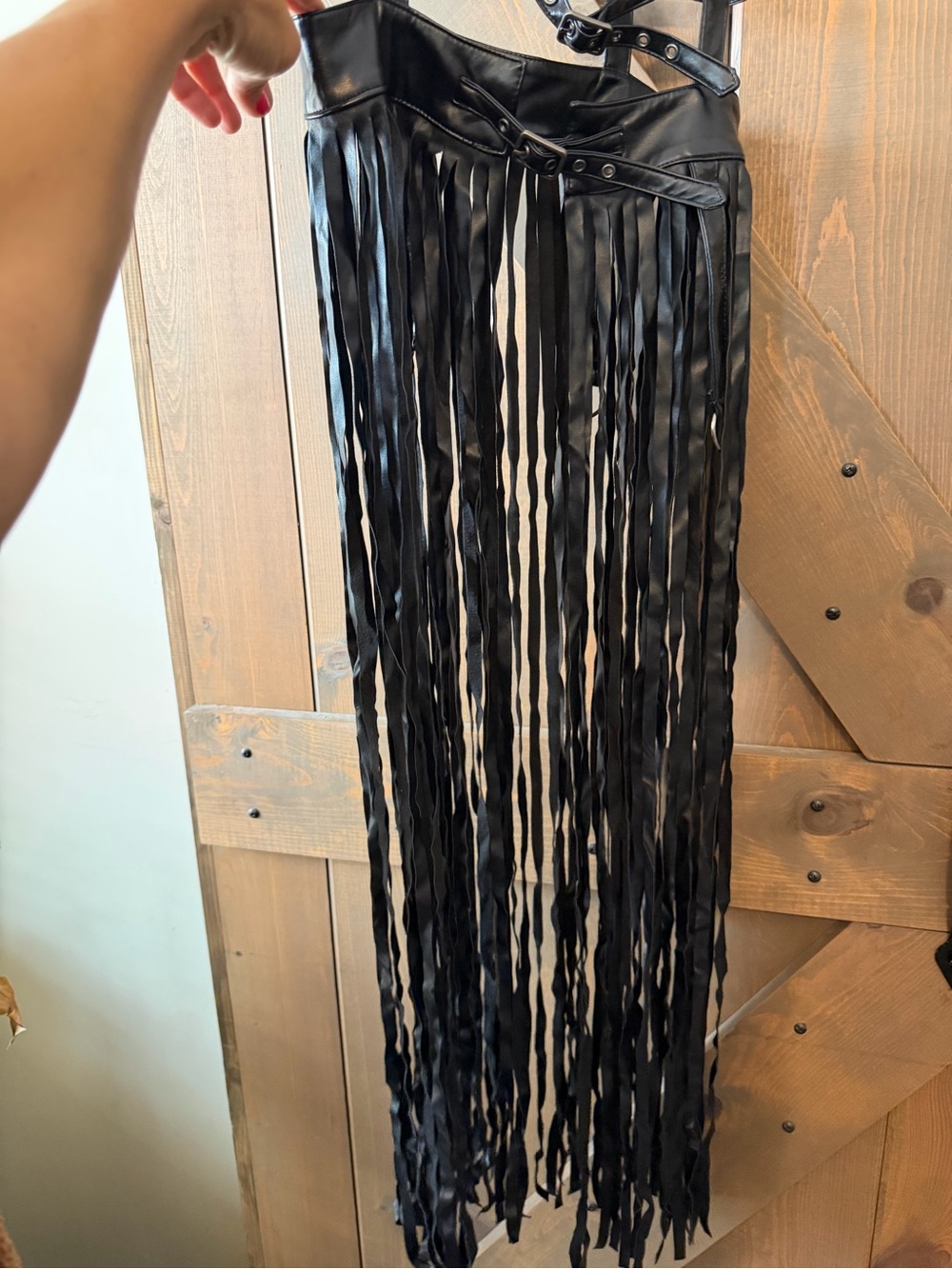 Black Faux Leather Fringe Maxi Dress with Harness Straps - Picture 7 of 13